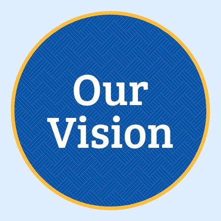 Blue weave pattern circle with yellow outline and "Our Vision" written in white
